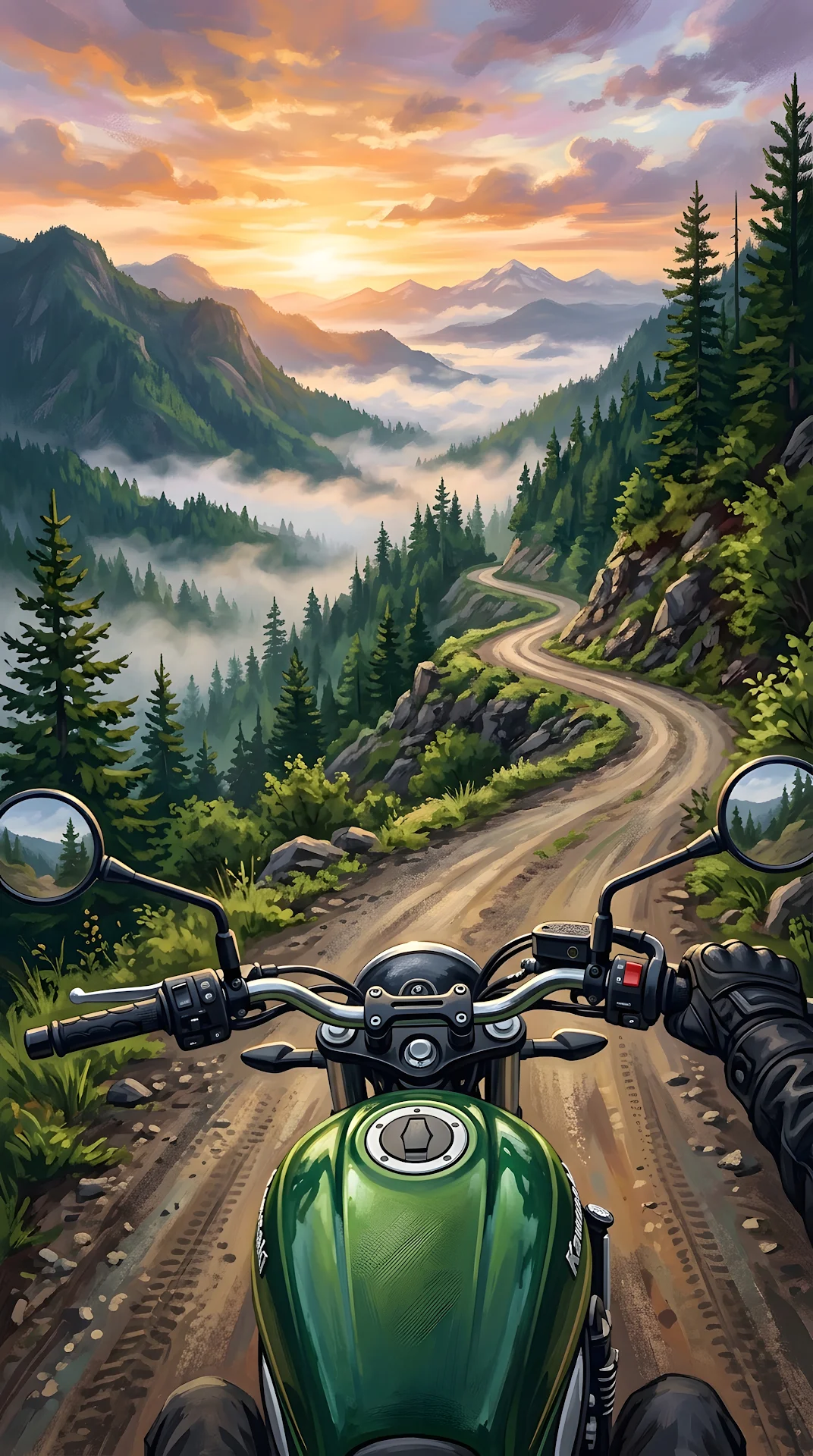 Point of View Illustration of a Motorcycle on a Winding Mountain Road at Dawn - Free 4K mobile Wallpaper