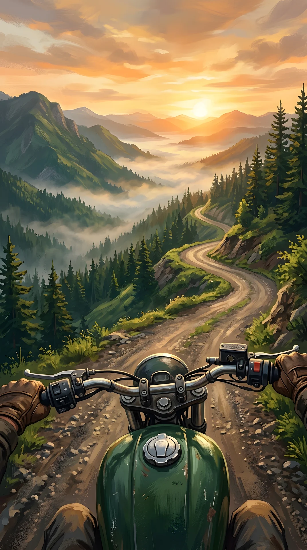 Point of View Illustration of a Motorcycle on a Winding Mountain Road at Dawn - Free 4K mobile Wallpaper