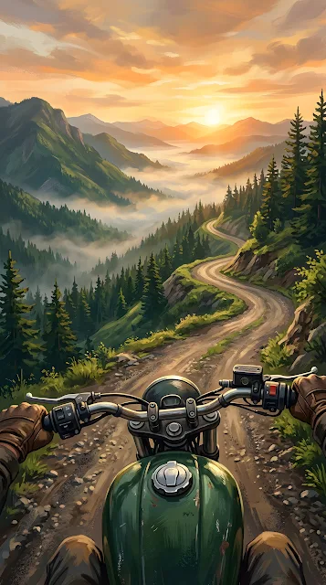 Point of View Illustration of a Motorcycle on a Winding Mountain Road at Dawn - Free mobile Wallpaper
