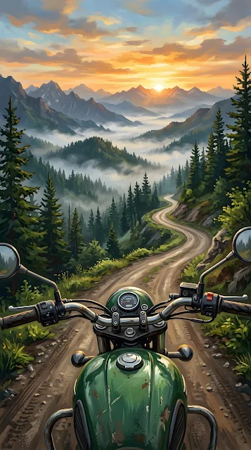 Point of View Illustration of a Motorcycle on a Winding Mountain Road at Dawn - Free mobile Wallpaper