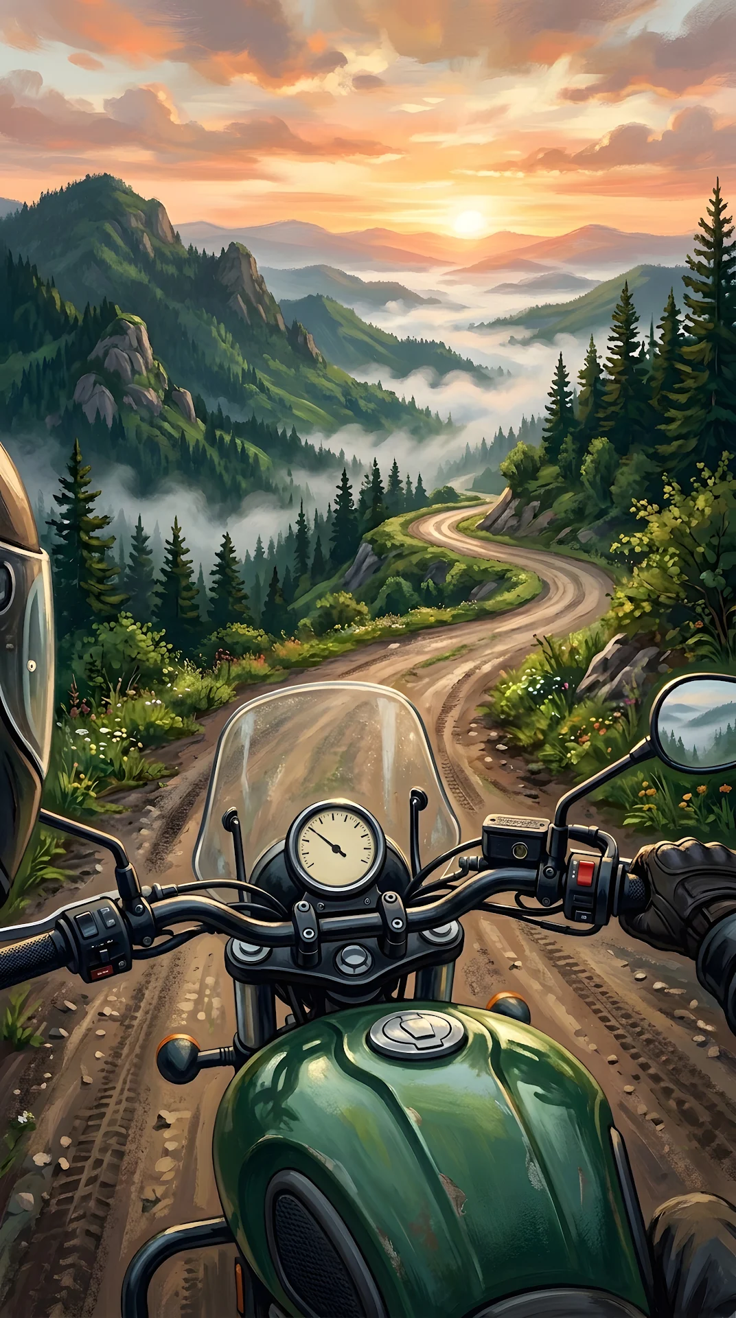 Point of View Illustration of a Motorcycle on a Winding Mountain Road at Dawn - Free 4K mobile Wallpaper
