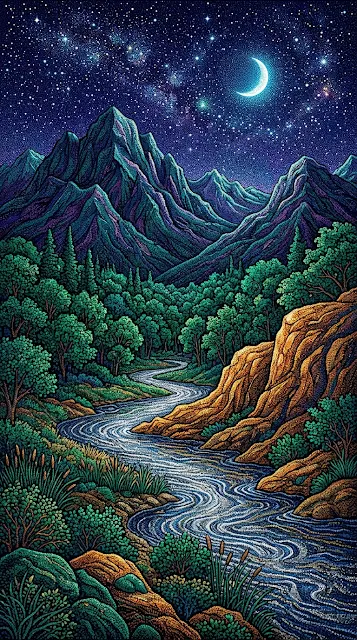 Pointillist Fantasy Landscape with Crescent Moon and Indigo Mountains - Free 4K & 8K mobile Wallpaper