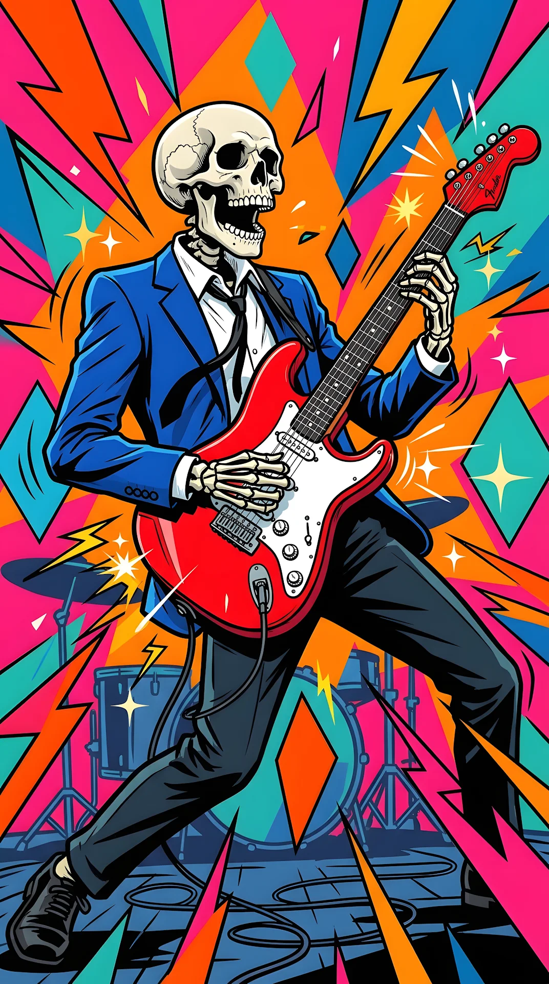 Pop Art Illustration of a Skeleton Playing an Electric Guitar - Free 4K mobile Wallpaper