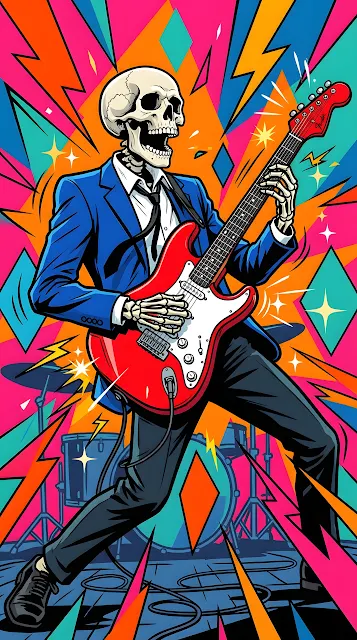 Pop Art Illustration of a Skeleton Playing an Electric Guitar - Free mobile Wallpaper