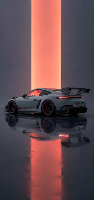 Rear quarter angle of a grey Porsche GT3 RS with red accents reflecting on wet studio floor.
