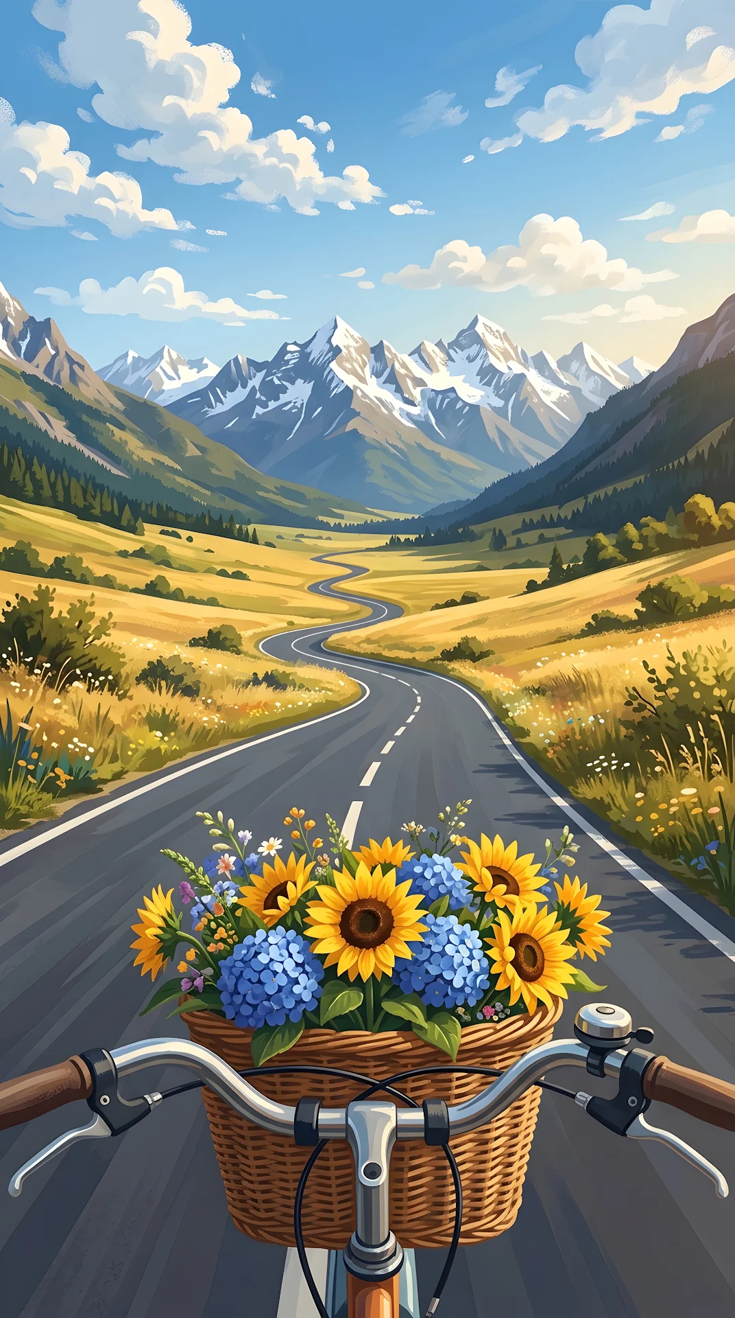 POV Illustration of a Flower-Filled Bicycle Basket Overlooking a Mountain Valley - Free 4K mobile Wallpaper