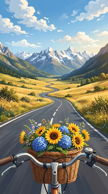 POV Illustration of a Flower-Filled Bicycle Basket Overlooking a Mountain Valley - Free mobile Wallpaper