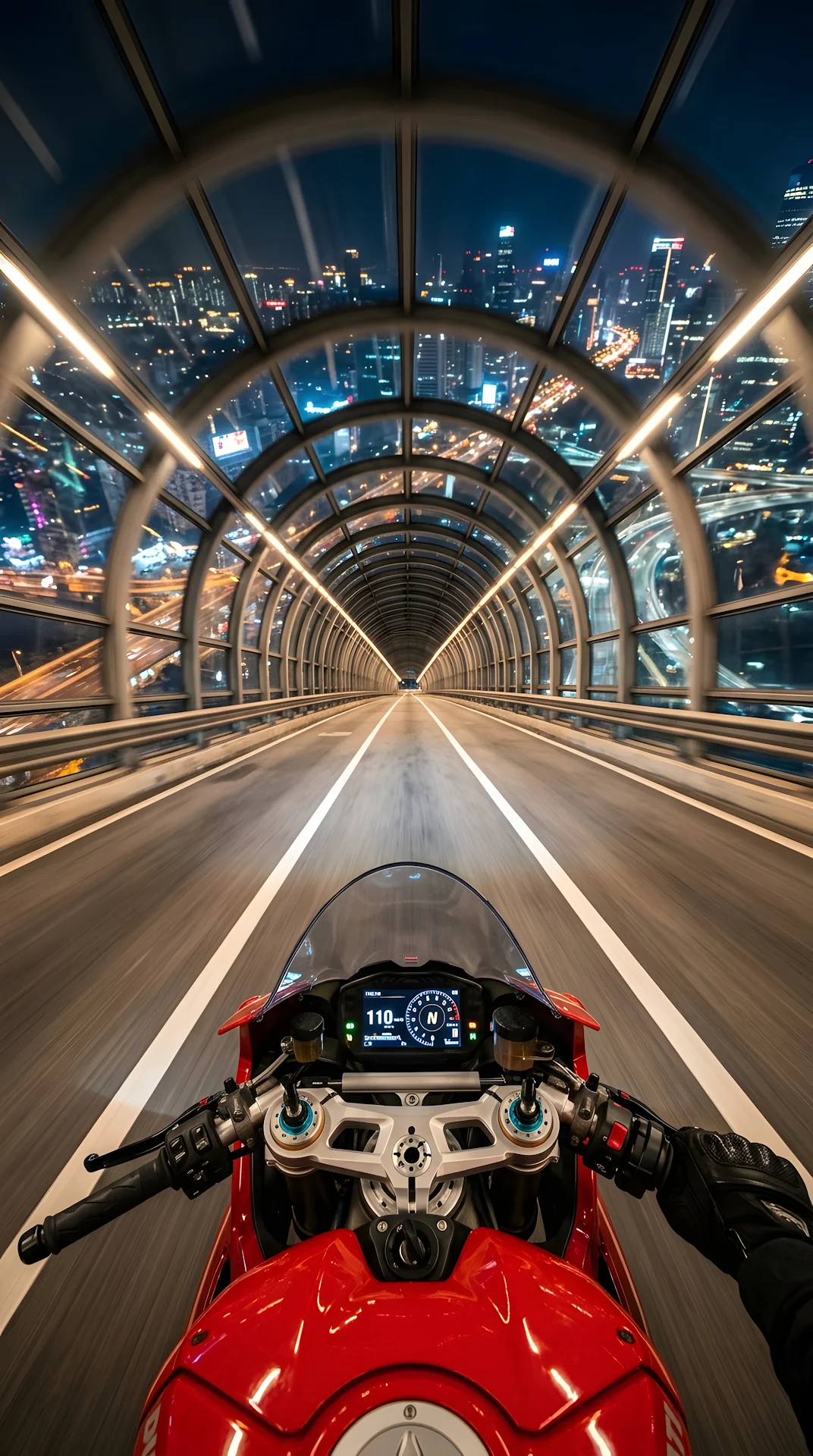 POV Motorcycle Ride Through Glass Tunnel Over City at Night - Free 4K mobile Wallpaper