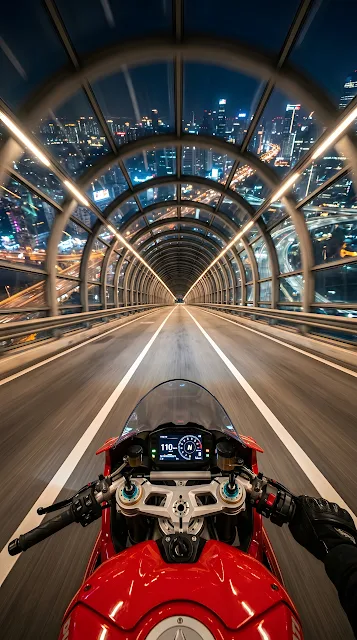 POV Motorcycle Ride Through Glass Tunnel Over City at Night - Free mobile Wallpaper