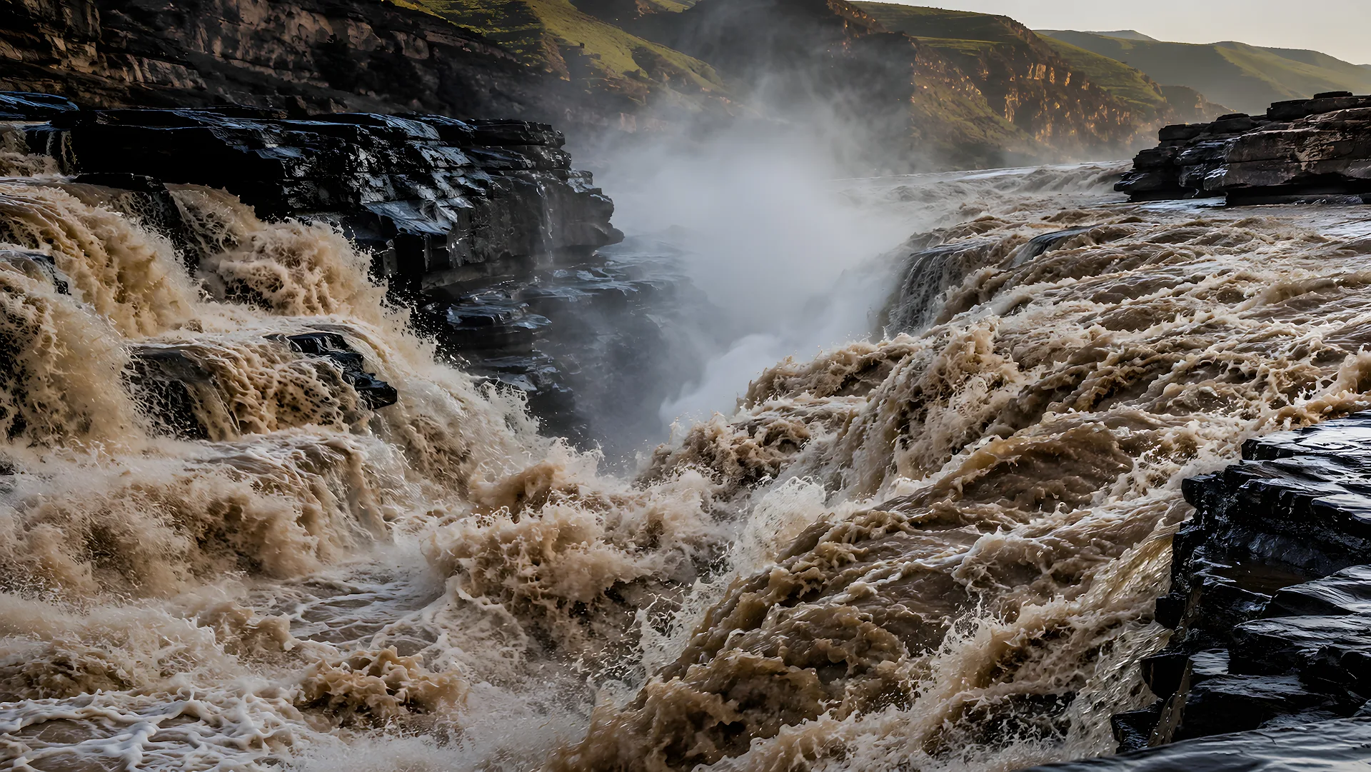 Powerful muddy waterfall rushing through a rocky mountain gorge - Free 4K desktop Wallpaper