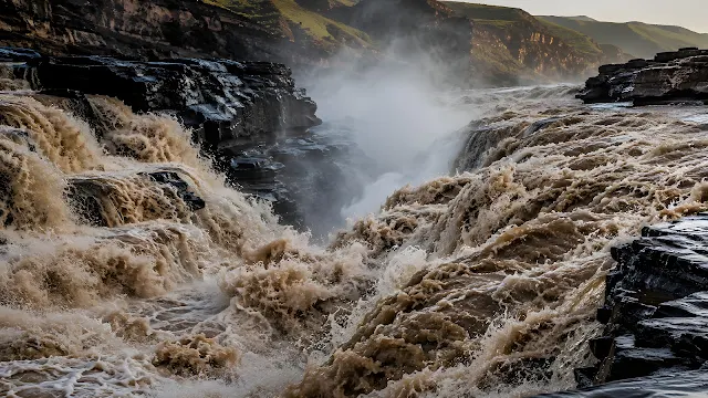 A close-up action shot of a powerful, muddy brown river cascading down a rocky gorge with thick mist rising between high canyon walls.