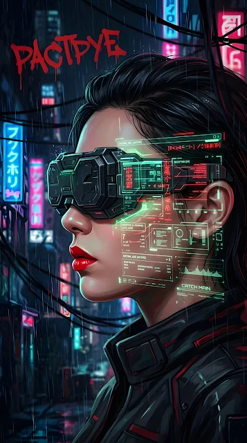 Profile Illustration of a Cyberpunk Woman with Glitching Holographic Visor - Free mobile Wallpaper