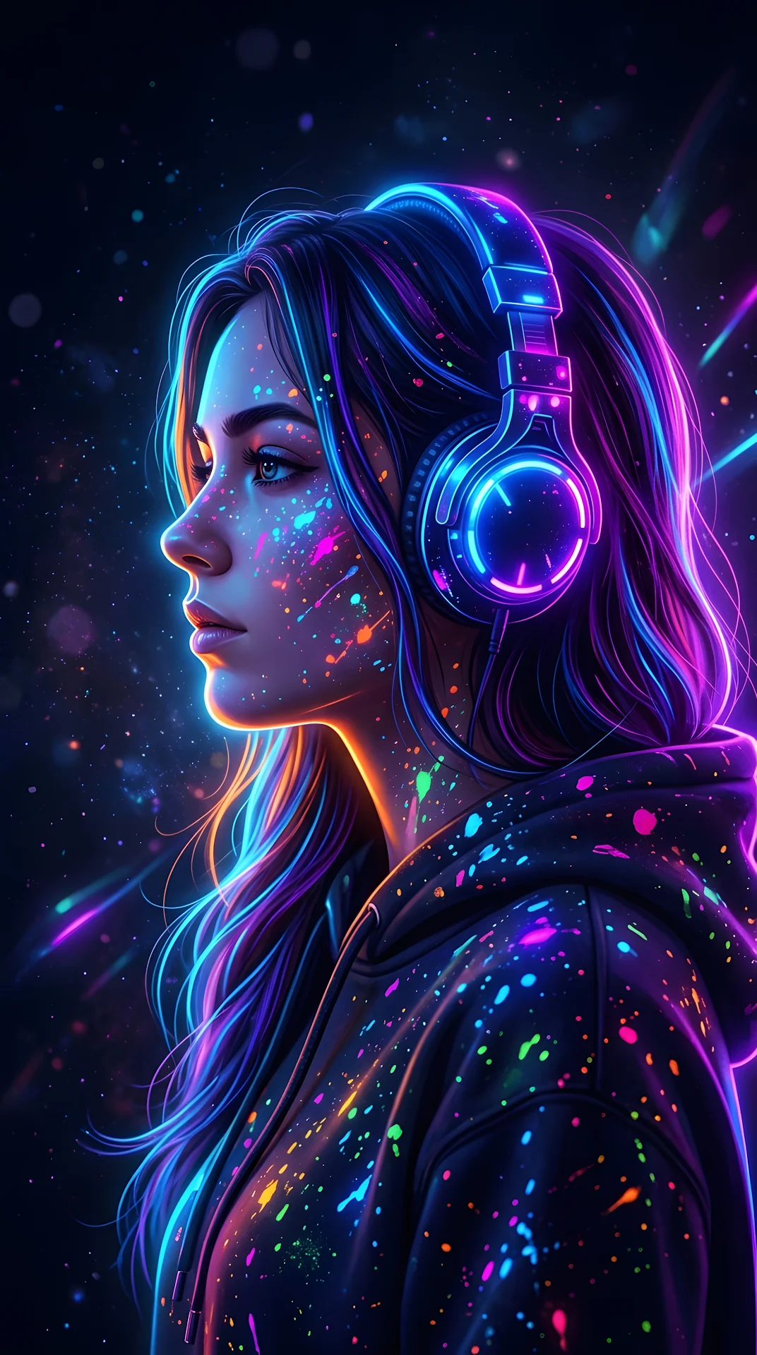 Profile of a Woman with Headphones and Colorful Neon Paint Splatters - Free 4K mobile Wallpaper