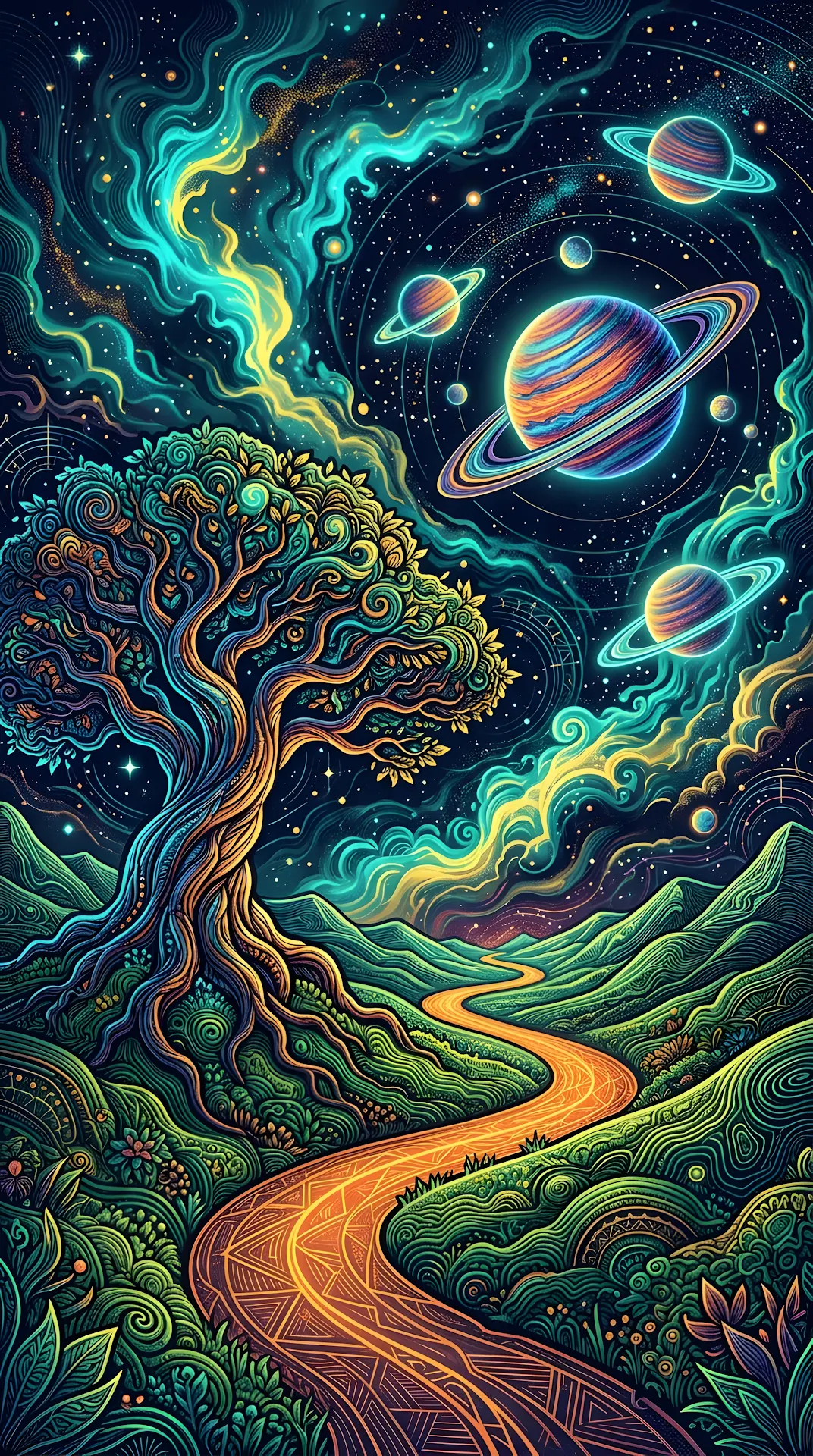 Psychedelic Abstract Illustration of a Tree and Planets in a Swirling Sky - Free 4K mobile Wallpaper