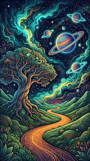 Psychedelic Abstract Illustration of a Tree and Planets in a Swirling Sky - Free mobile Wallpaper