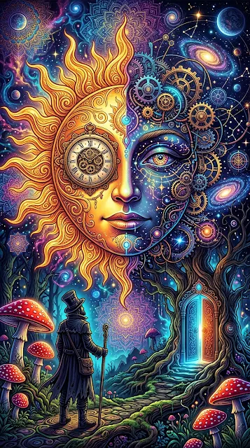 Psychedelic Portrait Art with Roman Numeral Clock and Fantasy Mushrooms - Free 4K & 8K mobile Wallpaper