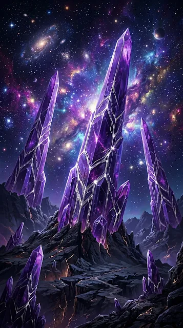 Purple Crystal Spires on Exoplanet Under Starry Universe - Free 4K & 8K mobile Wallpaper