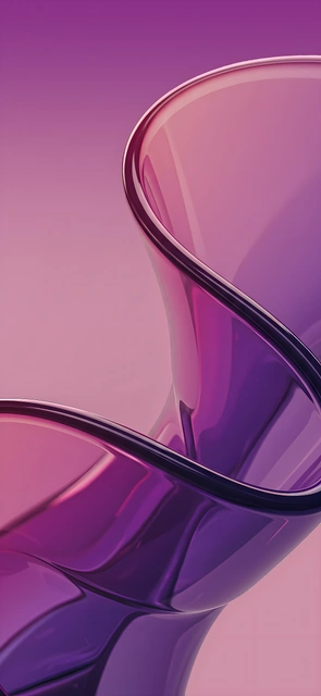 Curving purple glass ribbon displaying reflections and refractions on a pink backdrop.