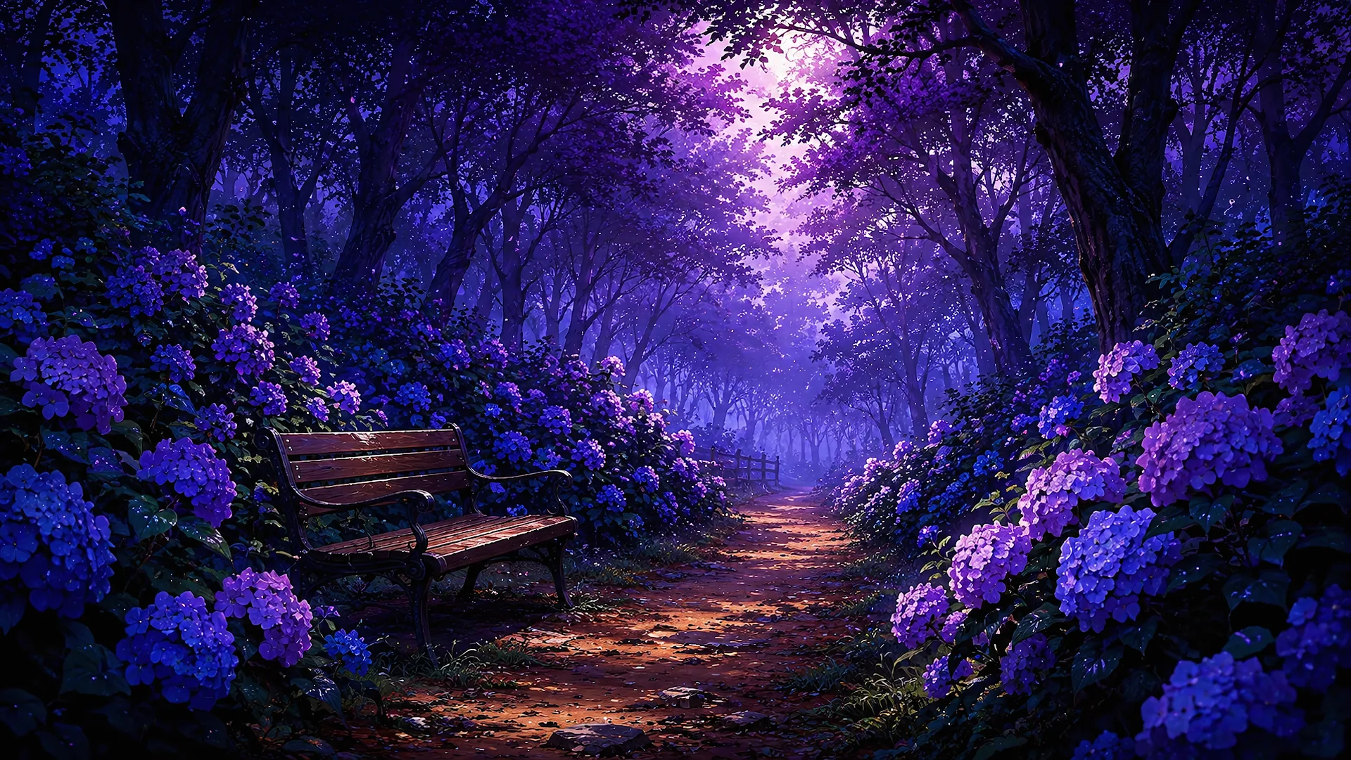 Download Purple Hydrangea Forest Path Moonlight 4K 4K Wallpaper Purple Hydrangea Forest Path Moonlight 4K - Free 4K desktop Wallpaper