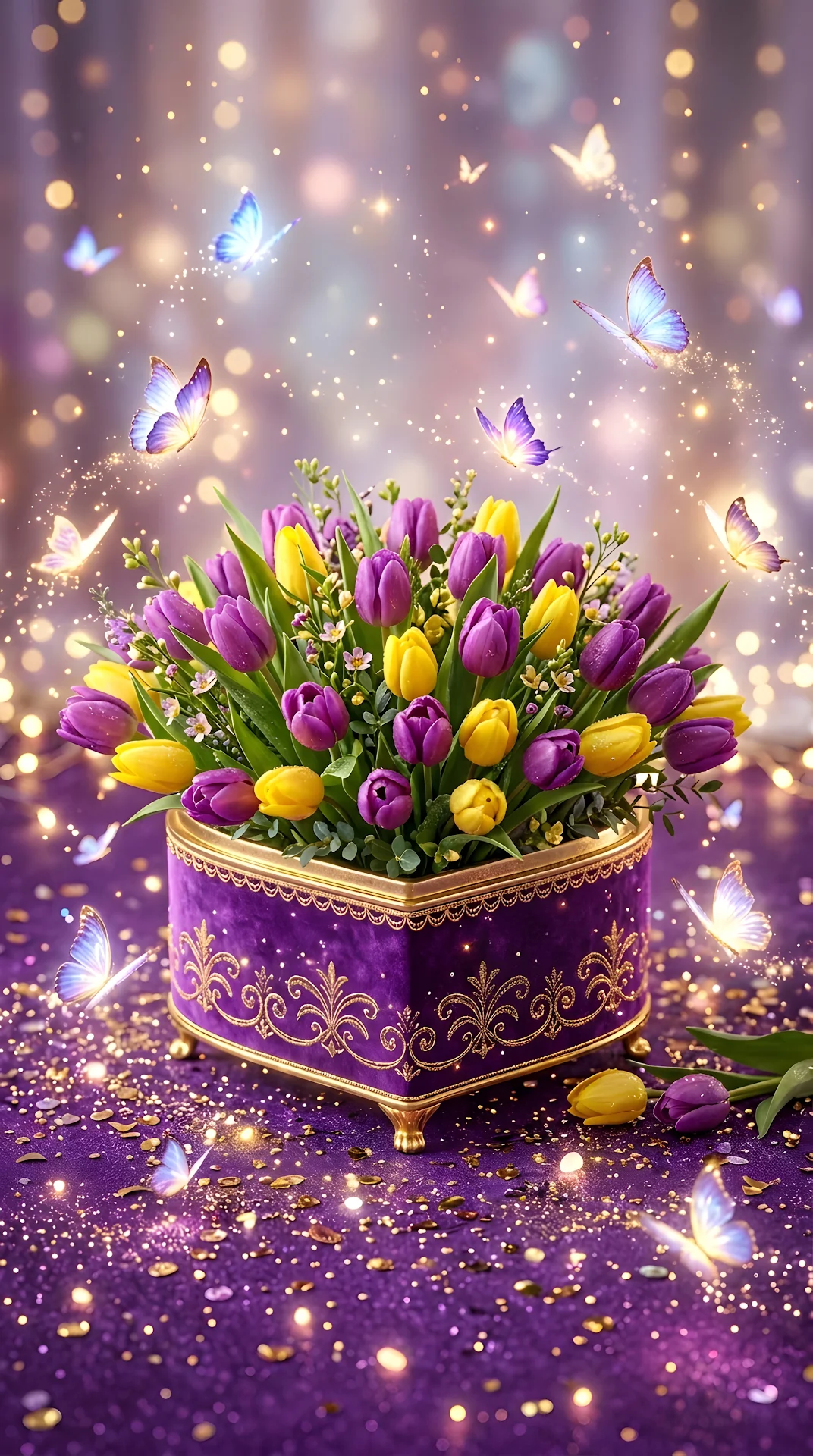 Purple and Yellow Tulips in a Heart-Shaped Gift Box with Butterflies - Free 4K mobile Wallpaper
