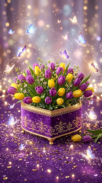 Purple and Yellow Tulips in a Heart-Shaped Gift Box with Butterflies - Free mobile Wallpaper