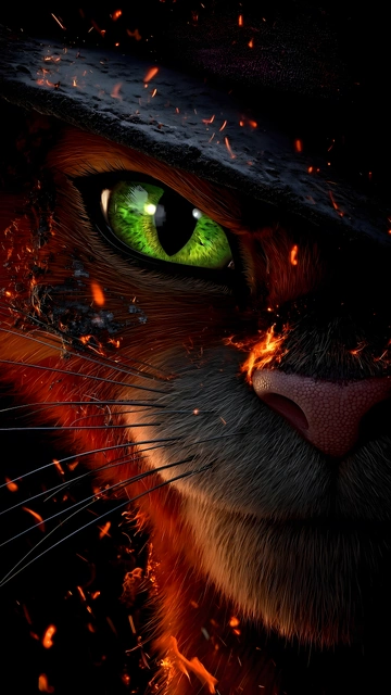 Close-up portrait of Puss in Boots showing a bright green feline eye, black hat, and flying fire embers.