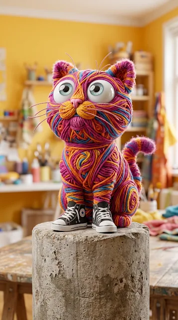Quirky Knitted Yarn Cat wearing High Top Sneakers Background - Free 4K & 8K mobile Wallpaper