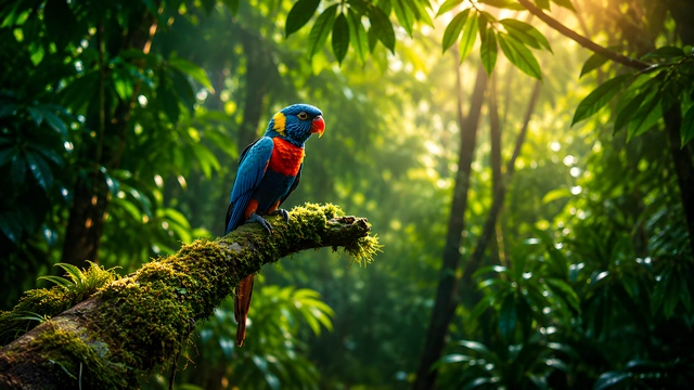 Rainbow lorikeet perching on a moss-covered tree branch in a dense tropical rainforest.