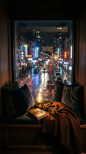 Rainy Boutique Hotel Window Seat Neon Street View Wallpaper - Free 4K & 8K mobile Wallpaper