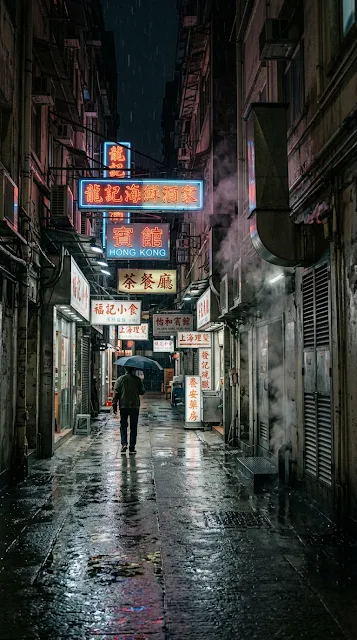 Rainy Hong Kong Alleyway Midnight AMOLED Wallpaper - Free 4K & 8K mobile Wallpaper