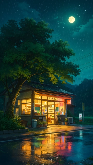 Warm light emanating from a Japanese storefront on a wet asphalt street under rain and a full moon.