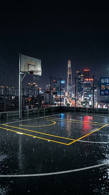 Rainy Seoul Rooftop Basketball Court Night Wallpaper - Free 4K & 8K mobile Wallpaper
