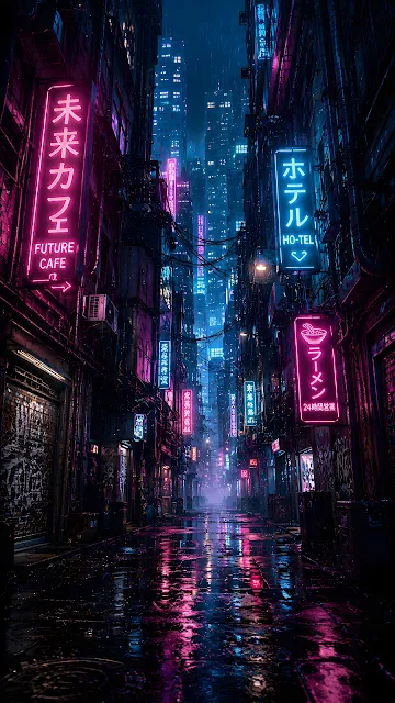 A narrow alleyway between dark skyscrapers wet with rain, glowing with pink and blue neon signs reflecting on puddles.