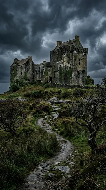 Realistic Abandoned Stone Castle on Hill Under Stormy Sky - Free 4K & 8K mobile Wallpaper
