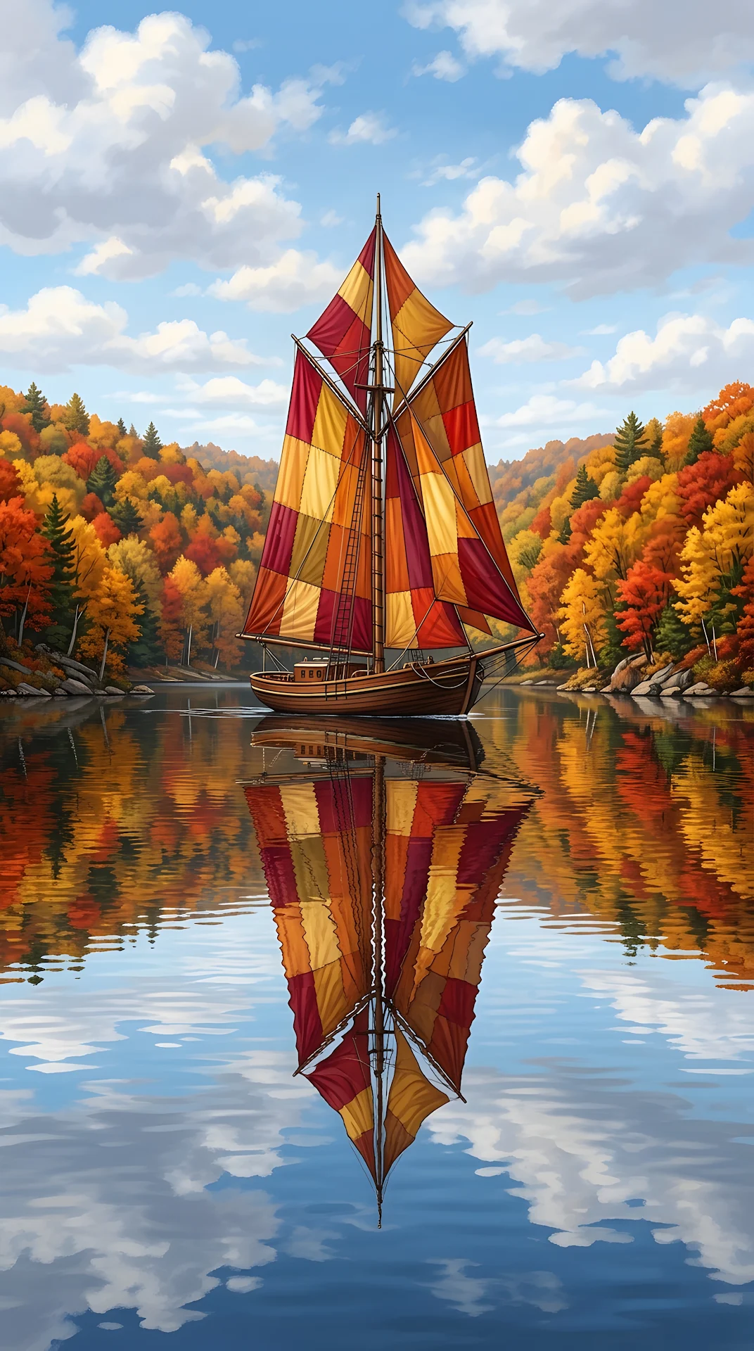 Realistic Colorful Sailboat on Tranquil Autumn Lake - Free 4K mobile Wallpaper