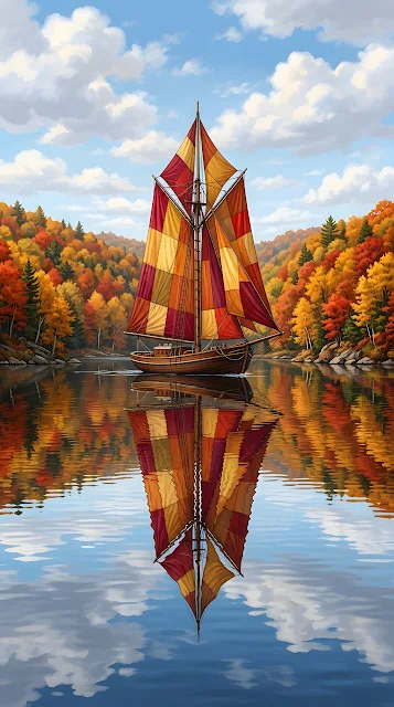 Realistic Colorful Sailboat on Tranquil Autumn Lake - Free mobile Wallpaper