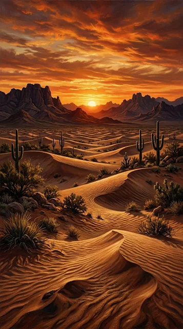 Realistic Desert Landscape at Sunset with Red Sky and Dunes - Free 4K & 8K mobile Wallpaper