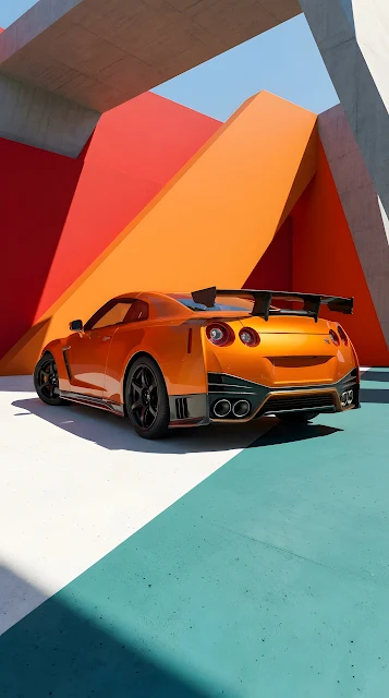 Rear Quarter View of an Orange Sports Car against Geometric Colors - Free mobile Wallpaper