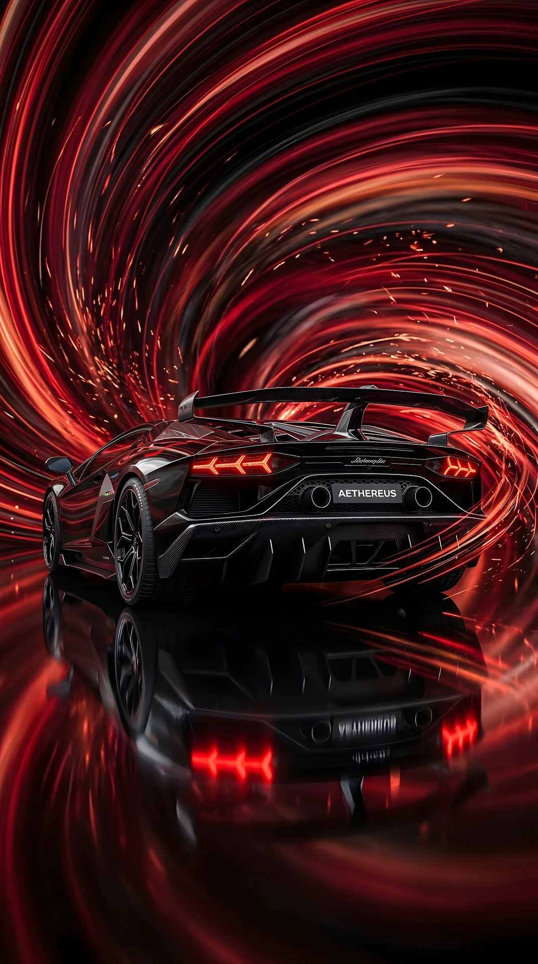 Rear View of Black Supercar Against Abstract Red Swirl Environment - Free 4K mobile Wallpaper