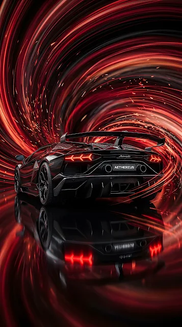 Rear View of Black Supercar Against Abstract Red Swirl Environment - Free mobile Wallpaper