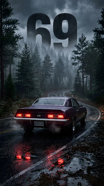 Rear View of a Purple Muscle Car on a Wet Forest Road with '69' Typography - Free mobile Wallpaper