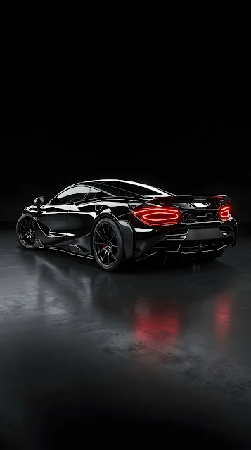 Rear View of a Sleek Black Supercar with Glowing Red Neon Taillights - Free mobile Wallpaper