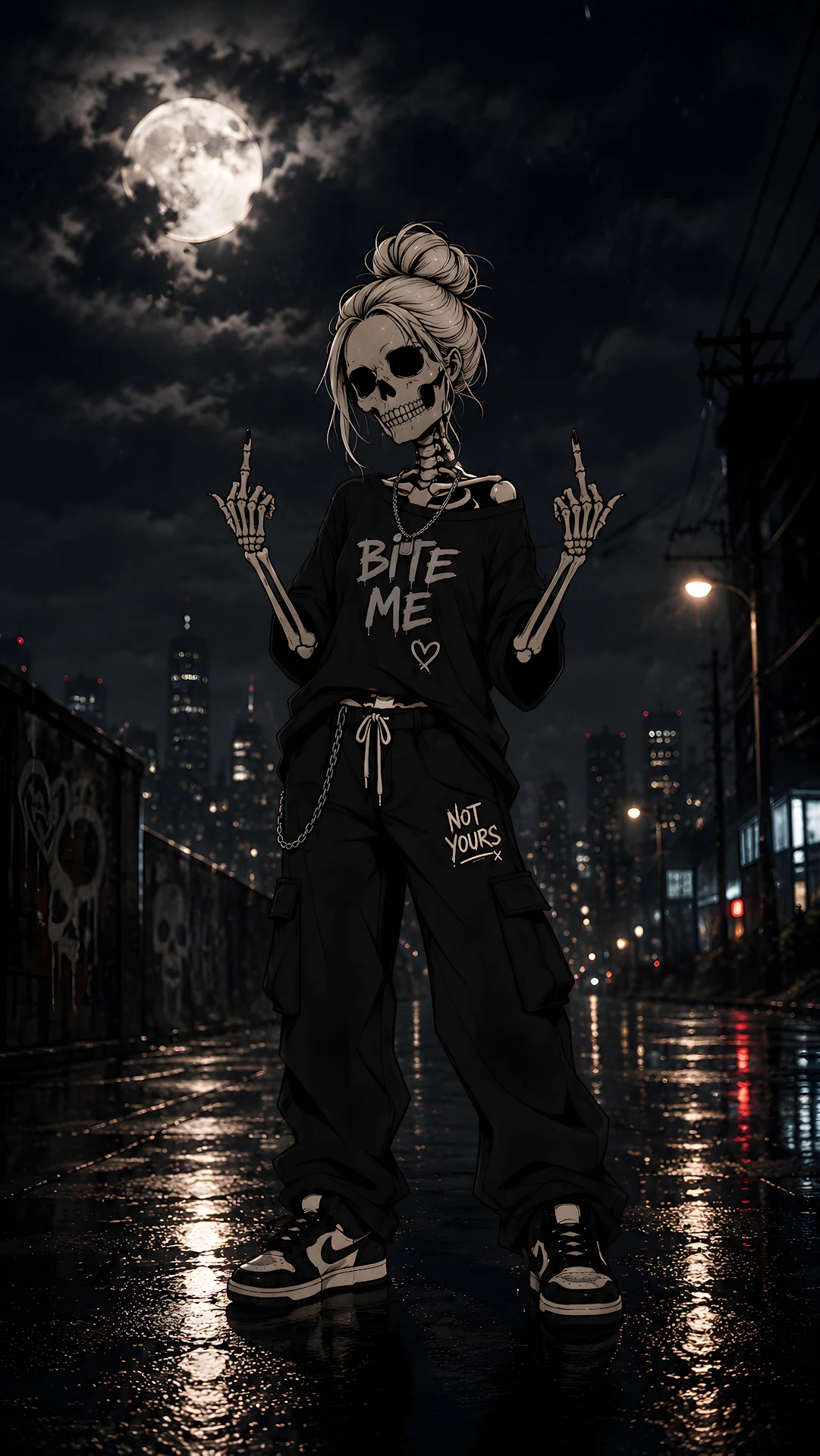 Rebellious Skeleton on a Rainy City Street - Free 4K mobile Wallpaper