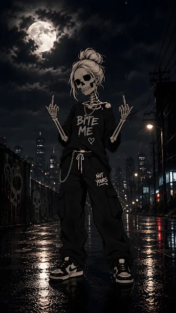 Stylised skeleton in oversized black streetwear standing on a wet city road beneath a full moon.