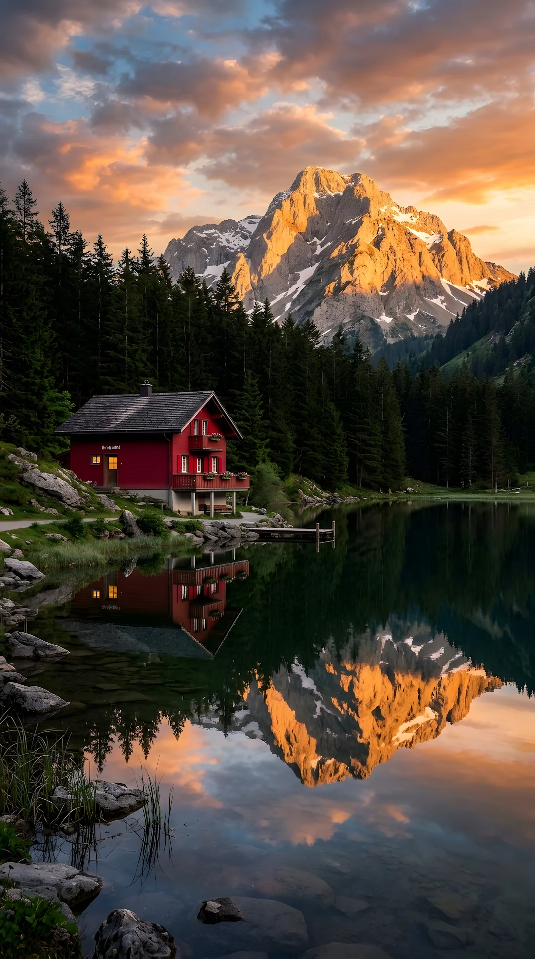Red Alpine Chalet Reflected In Lake With Mountain Sunset - Free 4K mobile Wallpaper