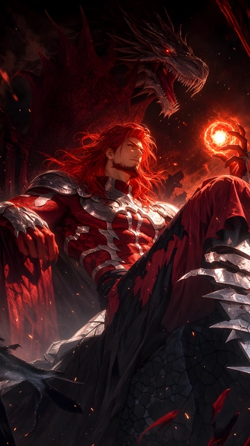 Red-haired warrior in crimson armor sitting on a throne next to a massive dragon holding a ball of fire.