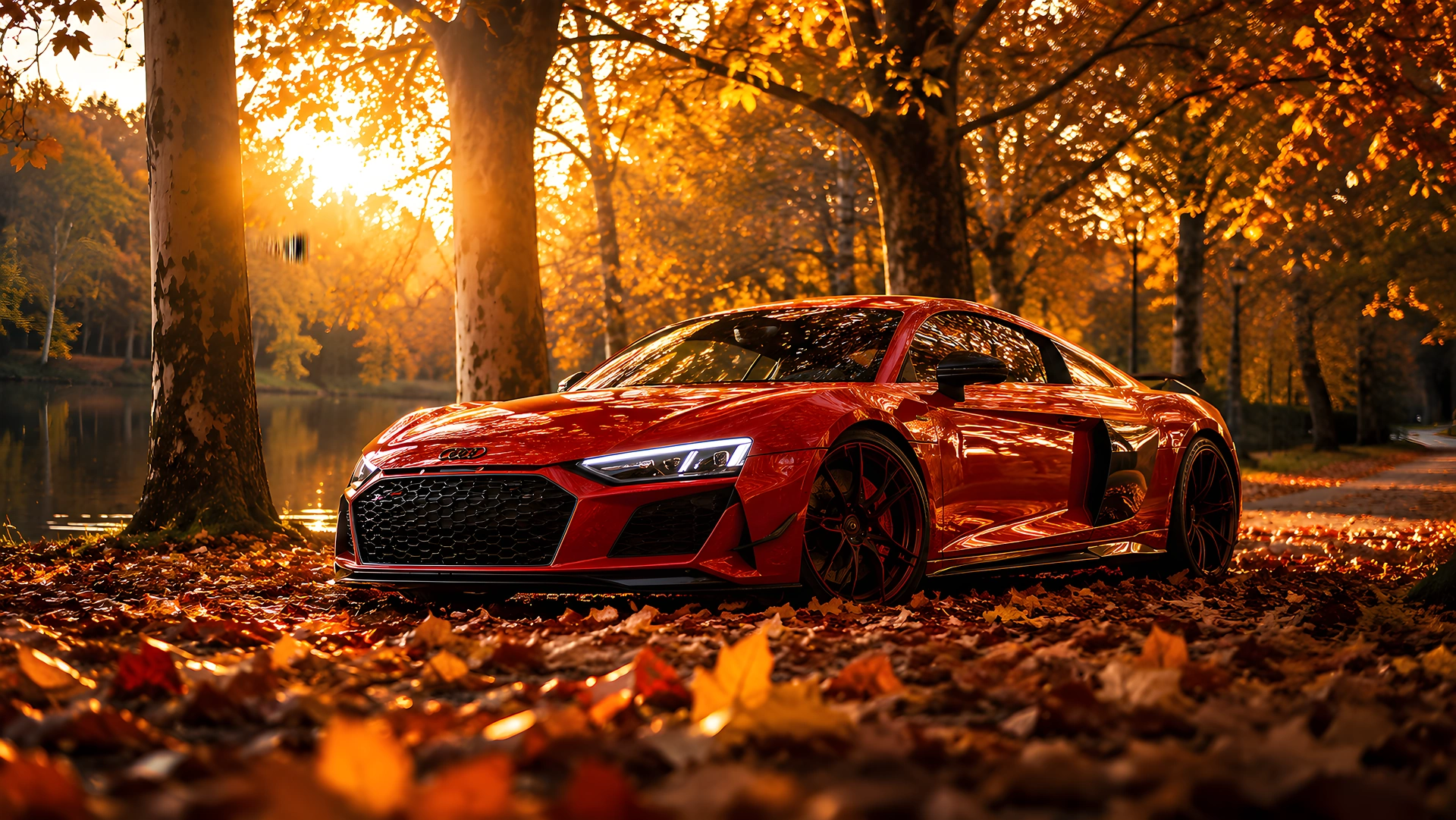Download Red Audi R8 Autumn Forest Lake 4K 4K Wallpaper Red Audi R8 Autumn Forest Lake 4K - Free 4K desktop Wallpaper