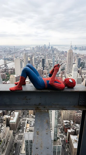 A red and blue masked hero in a textured suit lies down on a steel beam on a high skyscraper rooftop, holding up a smartphone.