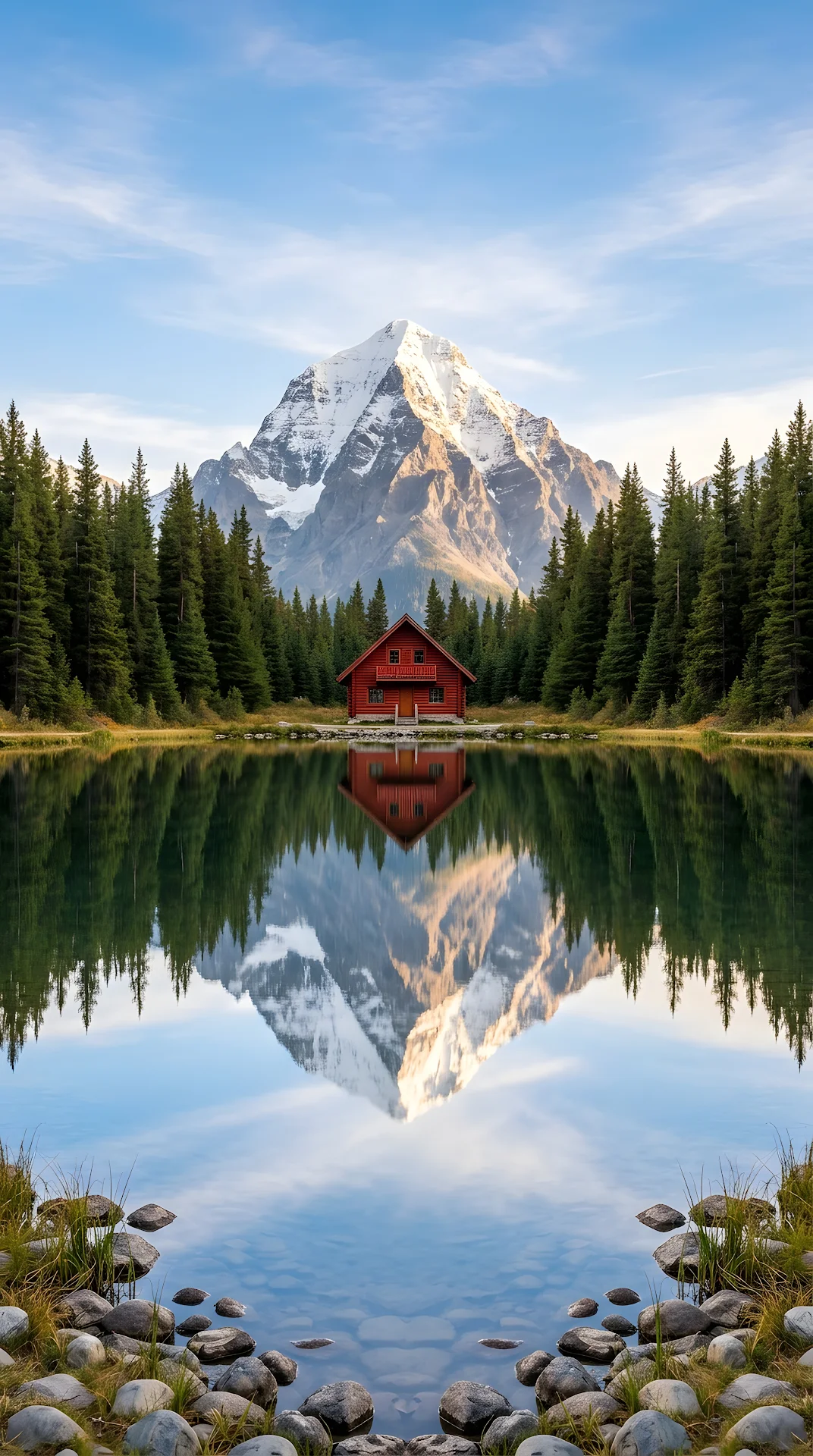 Red Chalet Reflected in Calm Alpine Lake at Sunset - Free 4K mobile Wallpaper