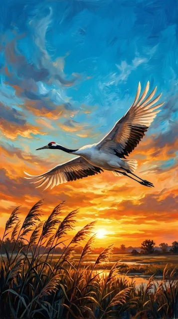 A majestic red-crowned crane soaring high across a vibrant golden sunset sky over a field of tall pampas grass.
